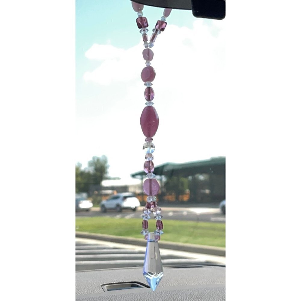 Beaded Suncatcher Rearview Mirror Ornament Pink Clear Crystal Prism Car Charm - Picture 2 of 9